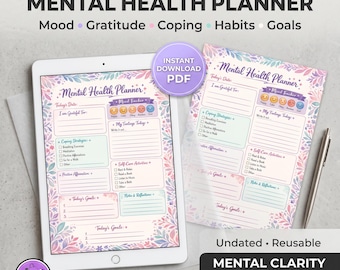 Mental Health Planner Printable PDF – Anxiety Journal, Mood Tracker, Self-Care Wellness (Digital Download)