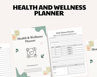 May include: A printable health and wellness planner with a green and white cover featuring a heart with a house, dollar sign, apple, and gear inside. The planner includes sections for daily fitness, habit tracking, and vitamin tracking.