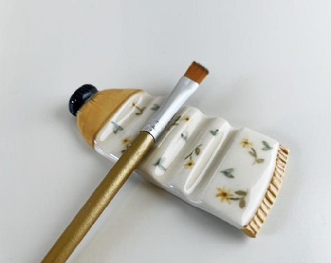 Handmade Ceramic Brush Rest: Artist Paint Tube with Tiny Flowers