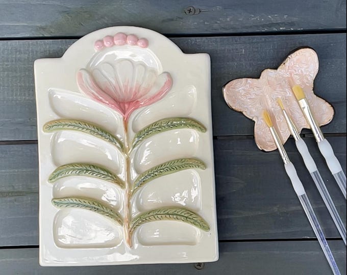 Handmade Ceramic Artist Palette & Brush Rest: Floral Stoneware Clay