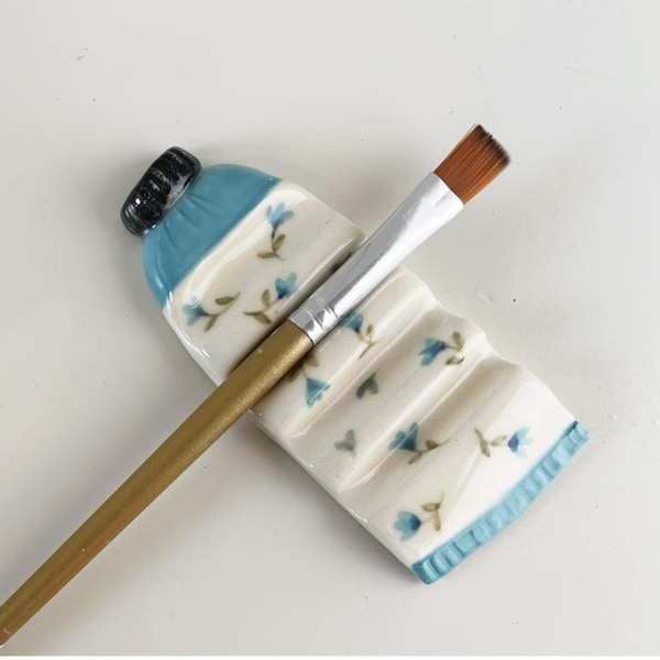 Handmade Ceramic Brush Rest: Paint Tube with Flower Accents