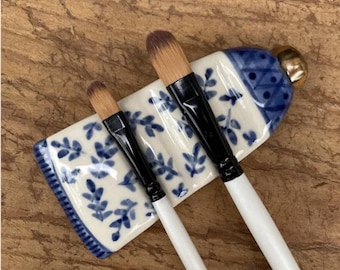 New! Handmade Ceramic Brush Rest: Paint Tube with Blue and White Flower Accents