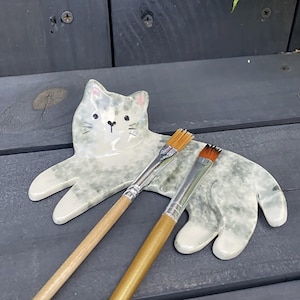 Handmade Ceramic  Cat Brush Rest – Reclining Cat Shaped Artist or Makeup Brush Holder, Cute Desk or Vanity Accessory, Holds 3 Brushes