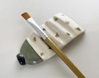 Unique Handmade Ceramic Brush Rest – Artist Paint Tube with Tiny Flower Accents, Pen Rest,  Pottery Gift for Artist