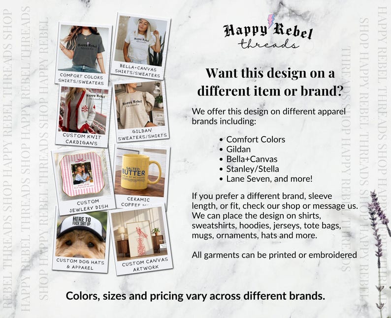 Może przedstawiać: Grafika informacyjna dla Happy Rebel Threads przedstawiająca r&oacute;żne przykłady produkt&oacute;w, w tym koszulki, kardigany, podstawkę na biżuterię, ż&oacute;łty kubek do kawy, czapkę i grafikę na pł&oacute;tnie, wraz z tekstem o opcjach nadruku i haftu na zam&oacute;wienie.