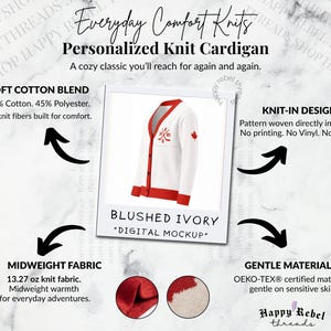 Może przedstawiać: Biały dzianinowy kardigan z czerwonym wykończeniem, czerwonym zapięciem na guziki i czerwonym emblematem liścia klonu na rękawie. Na piersi znajduje się czerwony napis 'JUXE'. Odzież wykonana z mieszanki 55% bawełny i 45% poliestru, waga 376 gram&oacute;w.