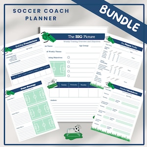 May include: A printable soccer coach planner bundle with green and blue accents. The planner includes sections for building foundations, game strategy, the big picture, the player profile, and detailed breakdown.