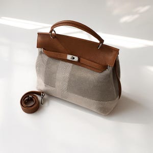 Äkta läderväska med topphandtag i kanvas, elegant axelremsväska, strukturerad designerväska, mångsidig, vardagsväska, arbetsväska, resa Brun