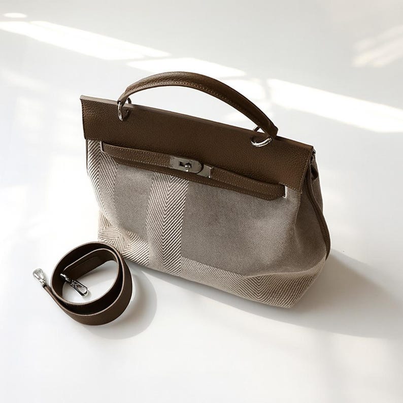 Äkta läderväska med topphandtag i kanvas, elegant axelremsväska, strukturerad designerväska, mångsidig, vardagsväska, arbetsväska, resa Khaki