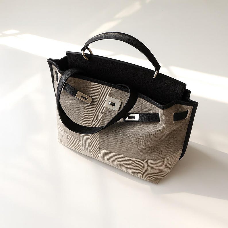 Äkta läderväska med topphandtag i kanvas, elegant axelremsväska, strukturerad designerväska, mångsidig, vardagsväska, arbetsväska, resa Svart