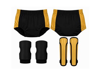 pro wrestling trunks with draw string, kneepads and kickpads