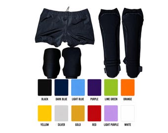 pro wrestling biker shorts with draw string, kneepads and kickpads. Made to order.