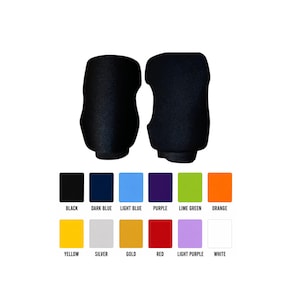 May include: Two black textured handle covers are displayed above a color chart featuring twelve distinct options: black, dark blue, light blue, purple, lime green, orange, yellow, silver, gold, red, light purple, and white, each with its name.