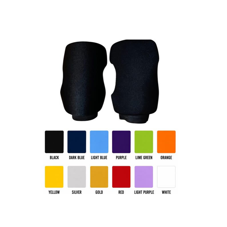 May include: Two black textured handle covers are displayed above a color chart featuring twelve distinct options: black, dark blue, light blue, purple, lime green, orange, yellow, silver, gold, red, light purple, and white, each with its name.