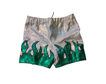 Pro wrestling biker shorts double layer with flame design and draw string