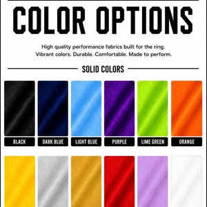 May include: A color chart for Kayfabe Customs featuring twelve fabric swatches in black, dark blue, light blue, purple, lime green, orange, yellow, silver, gold, red, light purple, and white. The text includes color names and custom options.
