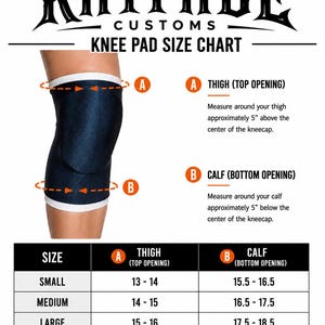May include: A Kayfabe Customs knee pad size chart featuring a dark blue knee pad with white trim. The chart includes instructions to measure 5 inches above and below the kneecap, along with a table listing sizes from small to extra-large.