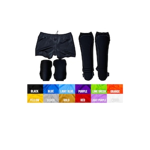 May include: A set of black athletic gear including shorts, two knee pads, and two shin guards. Below the gear is a color chart with twelve labeled swatches: black, blue, light blue, purple, lime green, orange, yellow, silver, gold, red, light purple, and white.