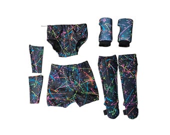 pro wrestling biker shorts and trunks with draw string, kneepads, kickpads and wrist gauntlets