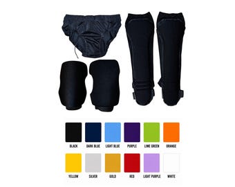 pro wrestling trunks with draw string, kneepads and kickpads. Made to order.