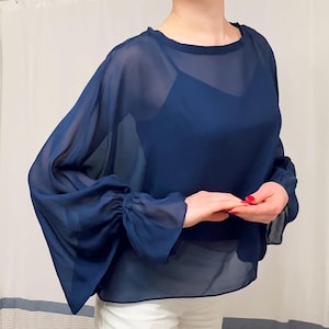 100% Silk Sheer Blouse – Midnight Navy - Ramy Brook– Luxe Draped Sleeves – XS