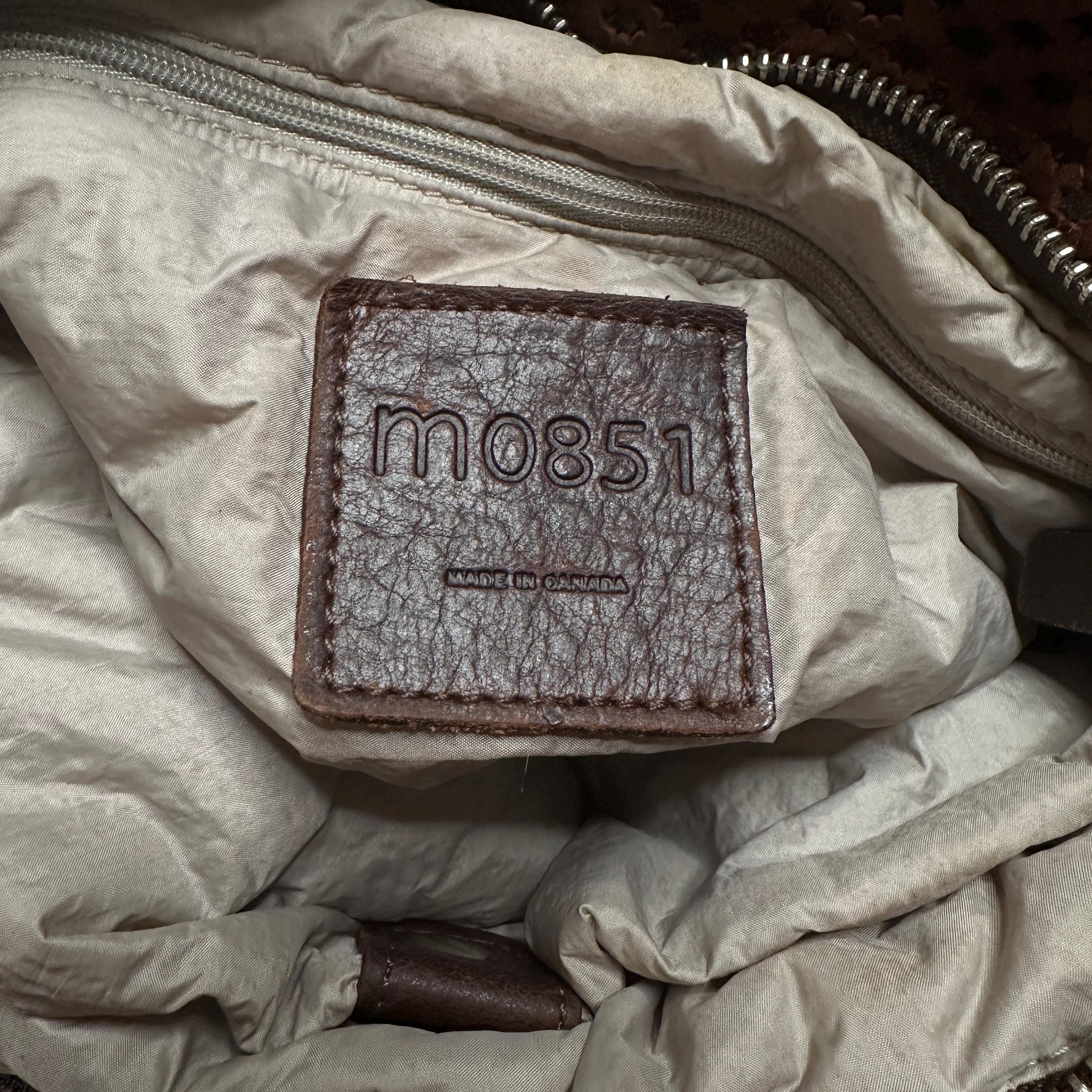 m0851 ミニショルダー 本革 made in Canada M0851 Brown Perforated Genuine Leather Crossbody Bag