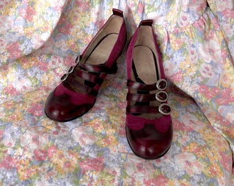 John Fluevog Burgundy Leather Embossed Floral Mary Jane Heels – Size 9 Portugal