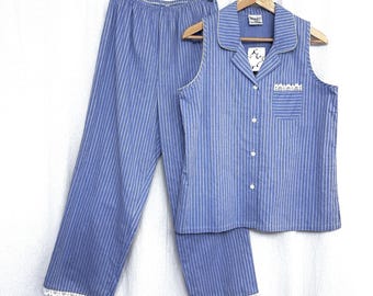 WonderBra Cotton Pajama Set: Blue Pinstripe, Lace Trim (Size M)