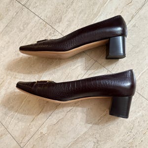 May include: A pair of dark brown leather pumps with a textured, crocodile-like pattern. The shoes have a square toe, a small gold-colored buckle, and a block heel.