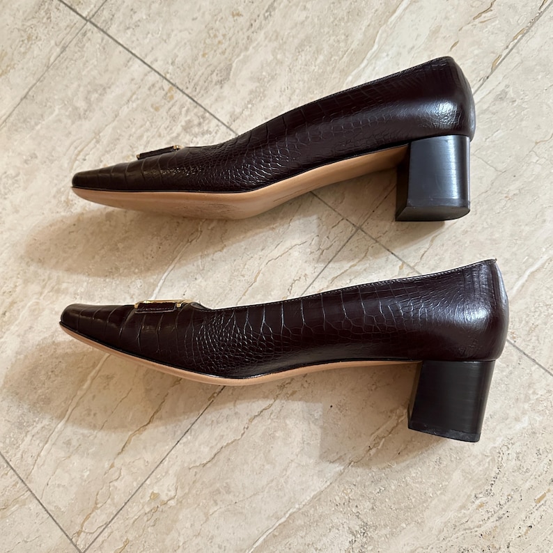 May include: A pair of dark brown leather pumps with a textured, crocodile-like pattern. The shoes have a square toe, a small gold-colored buckle, and a block heel.