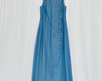 Vestido de noche vintage de tul azul • Apliques florales con cuentas, talla 6 de EE. UU.