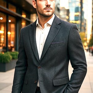 May include: A dark gray blazer with a white dress shirt. The blazer has a subtle herringbone pattern and a pocket square. The man is standing outside in front of a building.