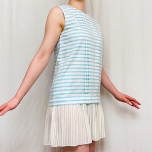 Striped Cotton Summer Dress: Blue & White Pleated Hem, Pockets - Size S