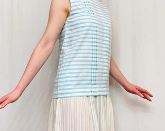 Striped Cotton Summer Dress: Blue & White Pleated Hem, Pockets - Size S