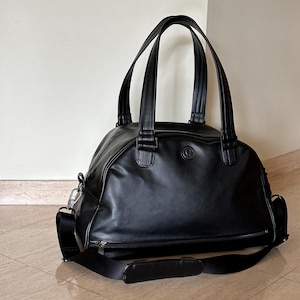 Lululemon Keep It Classy Duffel Bag: Black Vegan Leather Gym Tote, Blue Paisley Lining