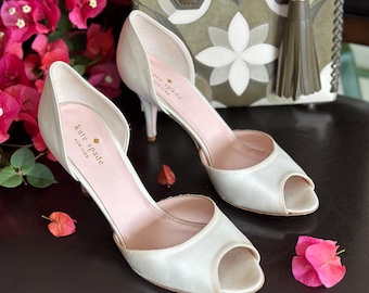 Kate Spade Ivory Satin Peep Toe Heels, Size 9.5, D'Orsay Bridal Pumps