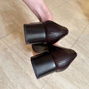 May include: A pair of dark brown, pointed-toe shoes with a textured, crocodile-like pattern. The shoes have block heels. The image is a close-up of the shoes, showcasing their design and shape.