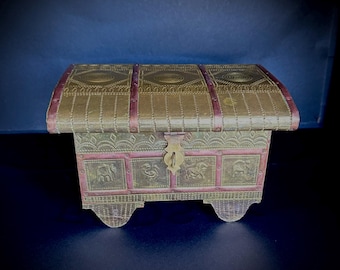 Vintage Embossed Brass Jewelry Box: Indian Treasure Chest with Animal Motifs