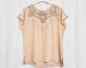 Peony | Hand-Embroidered 100% Silk Blouse — Soft Blush Peach — Size 38 — Good Vintage