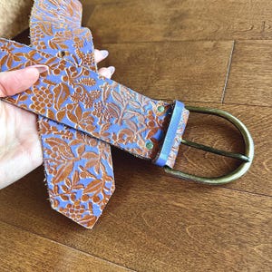 100% Leather Tooled Leather Belt – Blue  Brown Floral Embossed Design – Adjustable 28.5”–34” – Western Boho Style