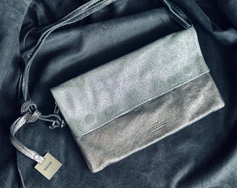 Rudsak Metallic Leather Crossbody Clutch – Silver Bronze Foldover Bag – Made in Canada