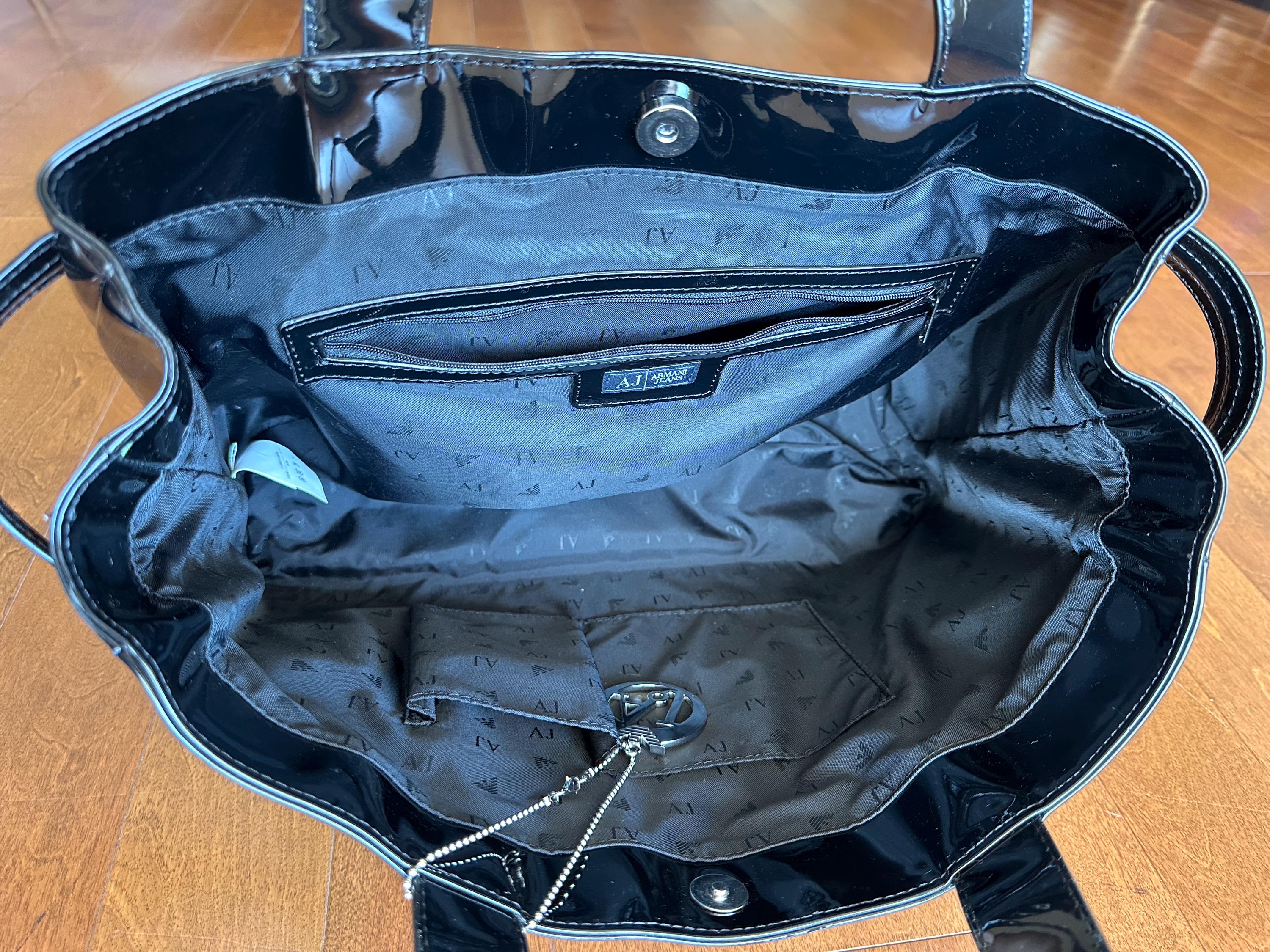 Armani Jeans Black Patent Tote Bag: High Gloss Vegan Leather 
