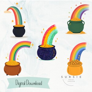 以下が含まれることがあります： 虹が金の入った鍋に繋がる5つのイラスト。鍋は黒、緑、茶色、オレンジなど様々な色があります。「Digital Download」の文字が下にあります。