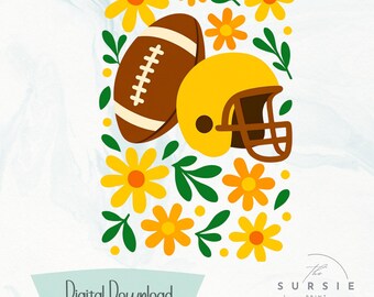 May include: A digital download graphic featuring a football and helmet in yellow and brown, surrounded by yellow and orange flowers and green leaves. The words "Digital Download" are in a light blue banner.
