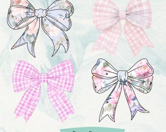 Floral & Gingham Bow PNG Bundle – 4 Watercolor Ribbon Clipart 300 dpi (Digital Download)