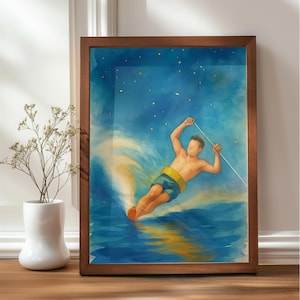 Aquarel waterskiën Art Print: Summer Lake Cabin decor (digitale download)