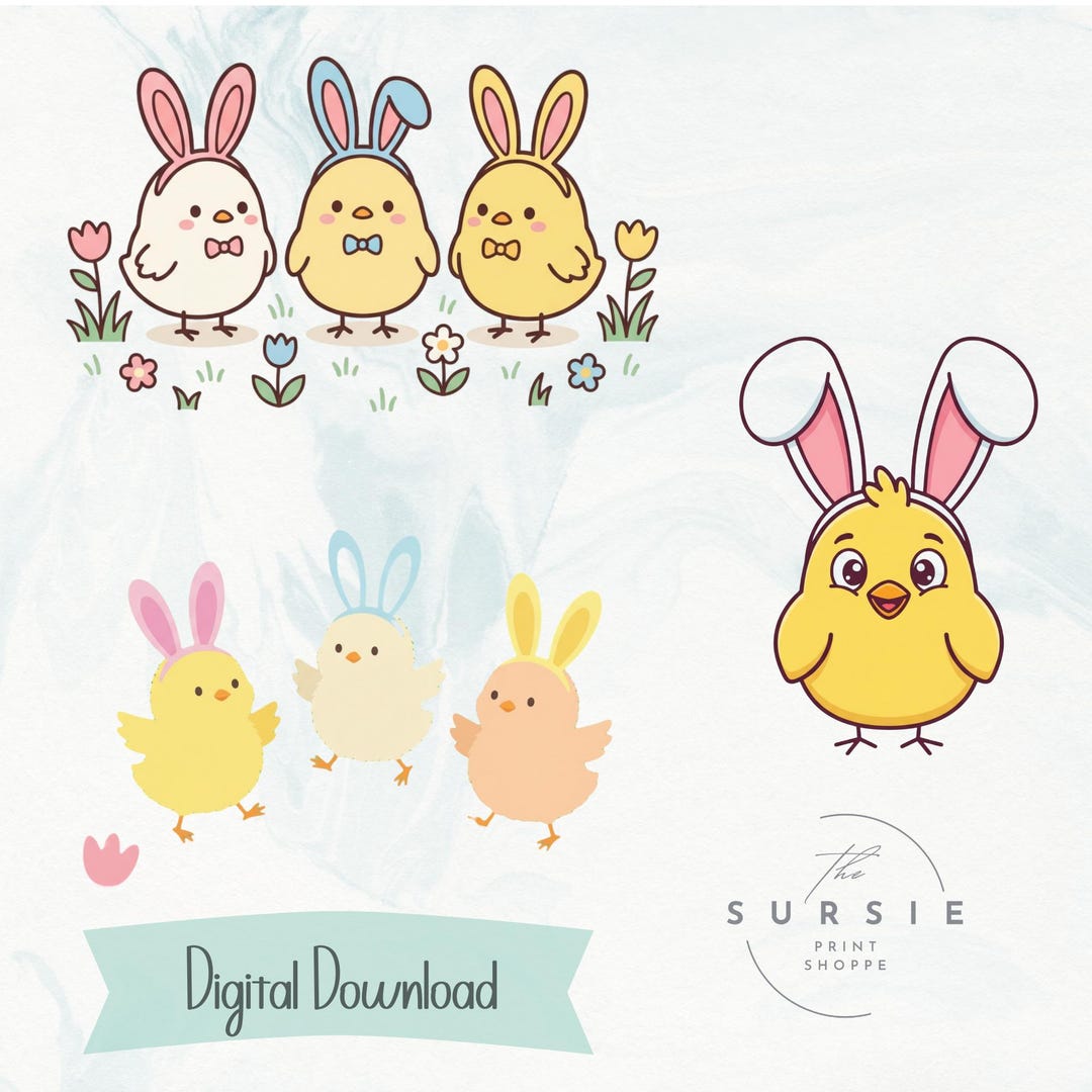 Bunny Ear Easter Chicks Clipart Bundle, 3 Pngs for DTF Shirts (digital ...