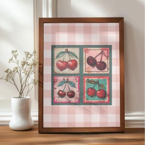 Vintage Cherry Stamp Print: Retro Gingham Kitchen Art (PNG Digital Download