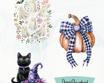 Halloween Clipart Bundle: Floral Ghosts, Gingham Pumpkin, Black Cat (Digital Download)