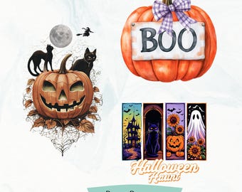 Halloween PNG Trio: Black Cat, Pumpkin, Ghost Clipart (Digital Download)